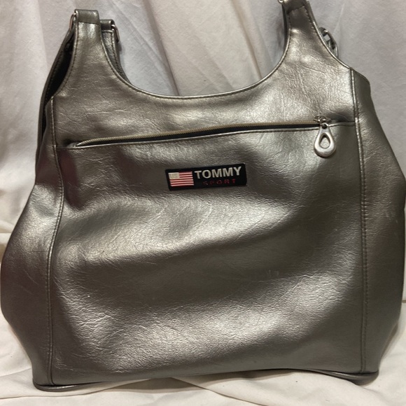 TOMMY HILFIGER SPORT Pewter faux leather Zipper outer pocket zip top black liner - Picture 2 of 10